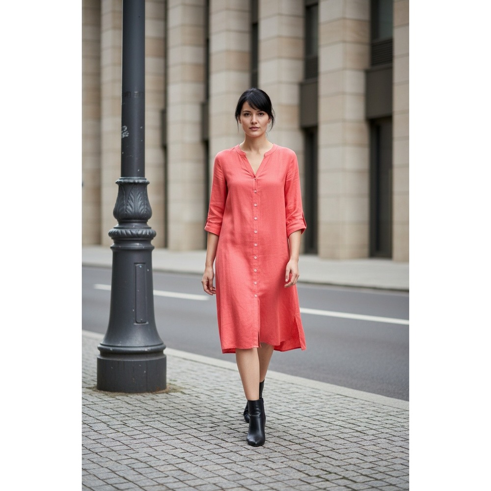 J. Jill S Coral Shirt Dress Linen Blend 1/2 Slv Elastic V-Neck Button‎ Front NEW